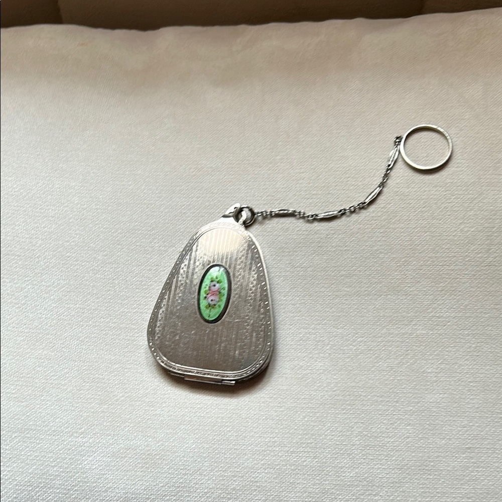 Silver Compact Keychain with Floral Design